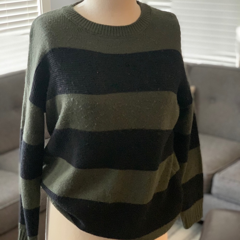 Army Green and Black Striped Knit Sweate
